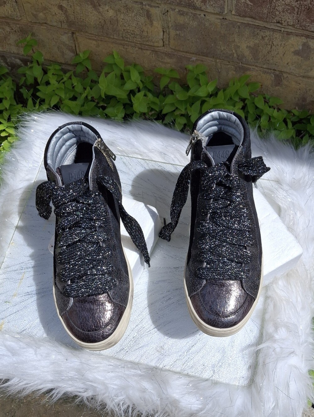 P448 Skate Black High-Top Leather Suede  Sneakers Sparkle Laces   Women Size 7